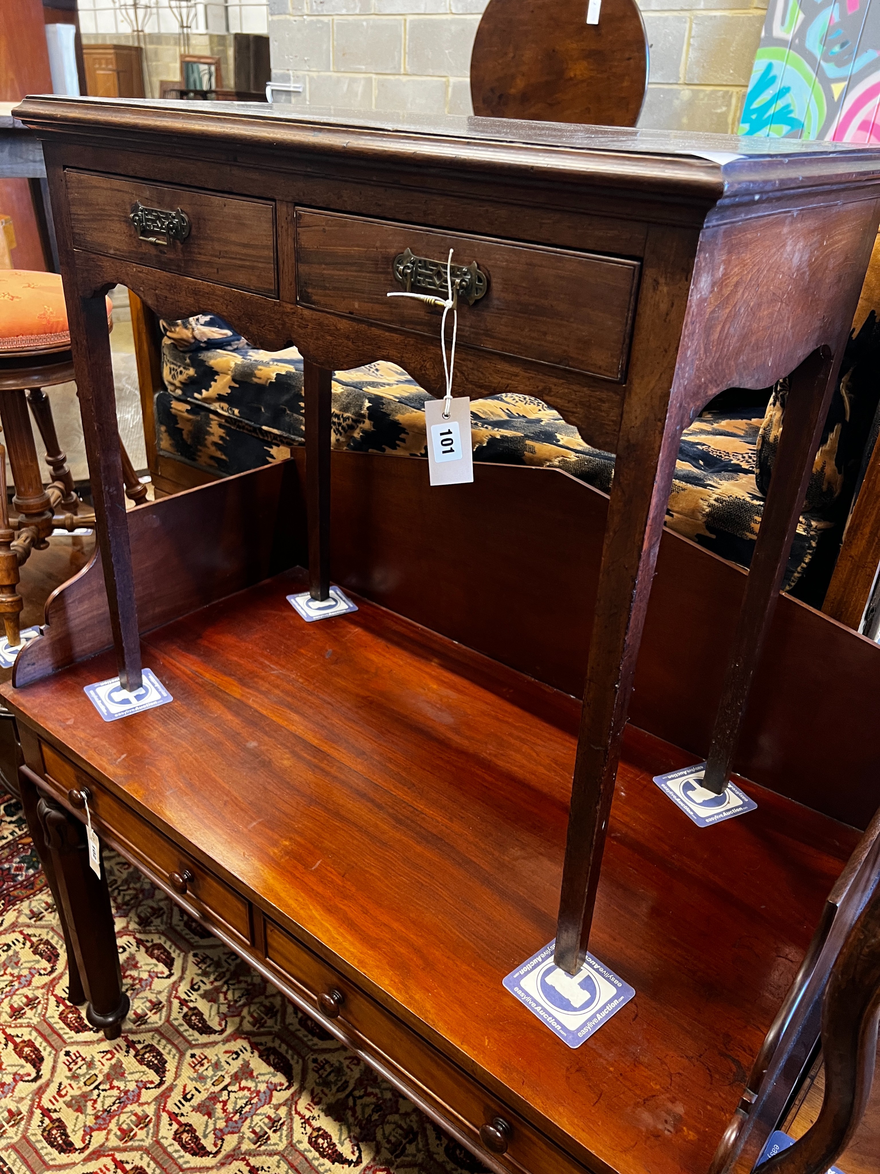 An early 19th century mahogany side table, width 76cm, depth 44cm, height 73cm together with a Victorian balloon back dining chair